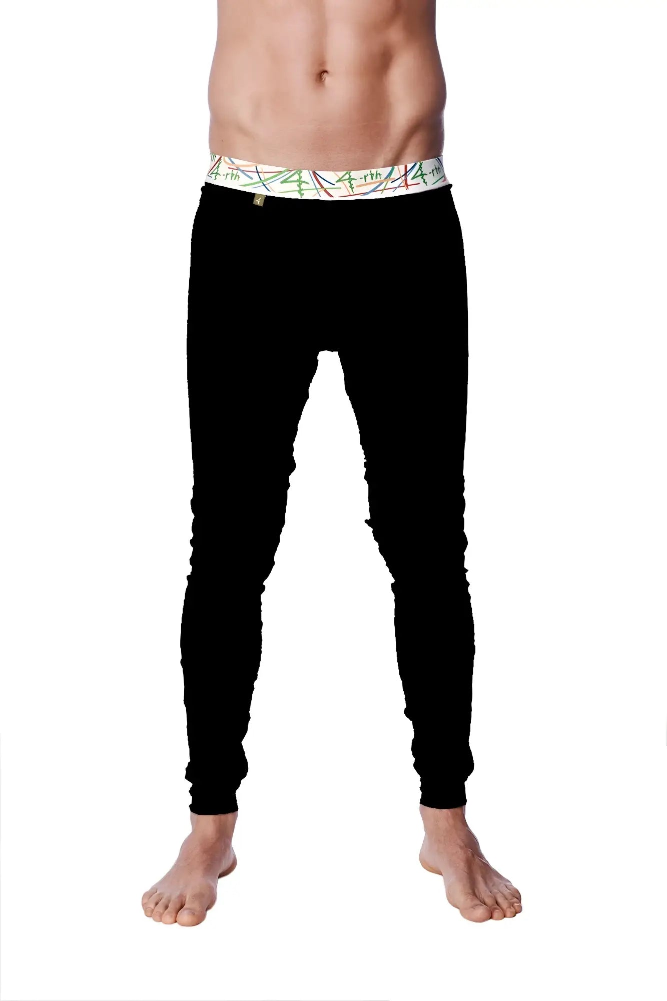 Black fitted crosstrain thermal yoga pant with colorful abstract patterned waistband for cold weather workouts