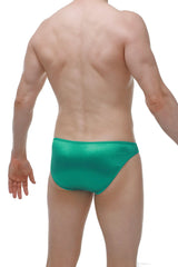 A sleek emerald green satin crotchless bikini brief with a smooth glossy finish