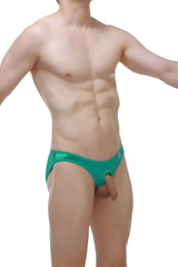 Teal green crotchless bikini satin briefs with a small logo on the side designed for athletic wear