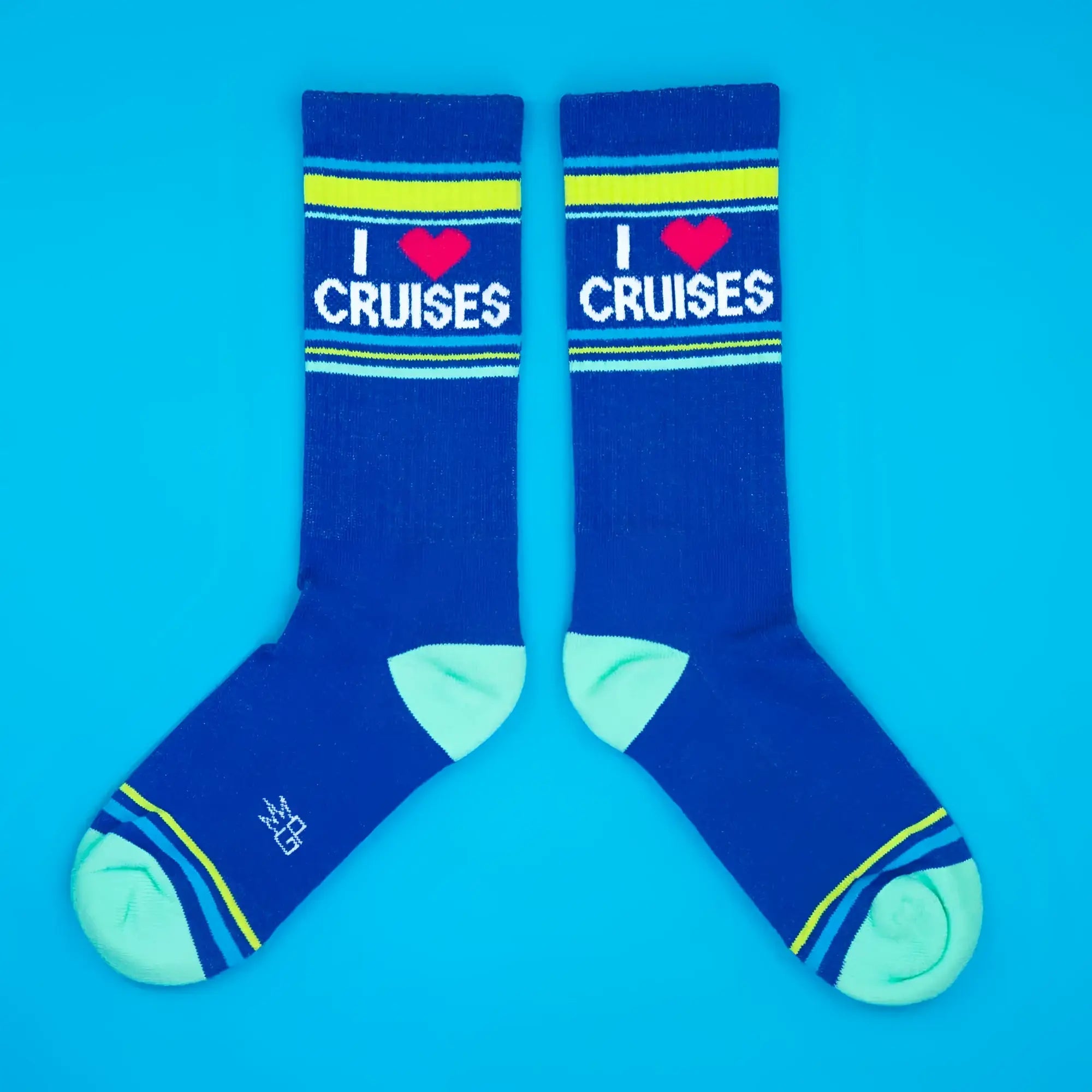 Blue crew socks with i love cruises print in white and red featuring yellow and light blue stripes