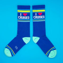 Blue crew socks with i love cruises print in white and red featuring yellow and light blue stripes