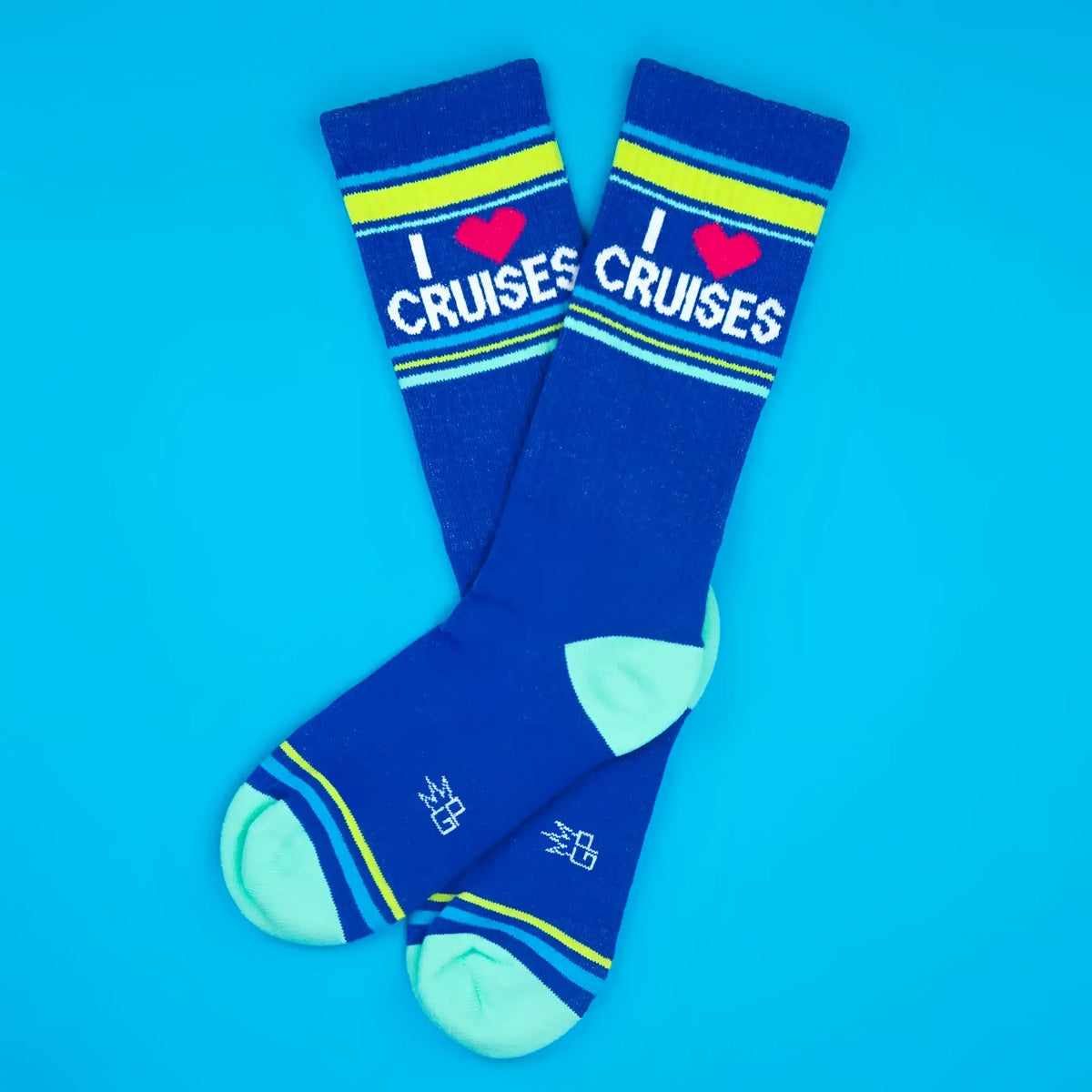 Blue crew socks with i heart cruises print and yellow light blue stripes designed for cruise lovers