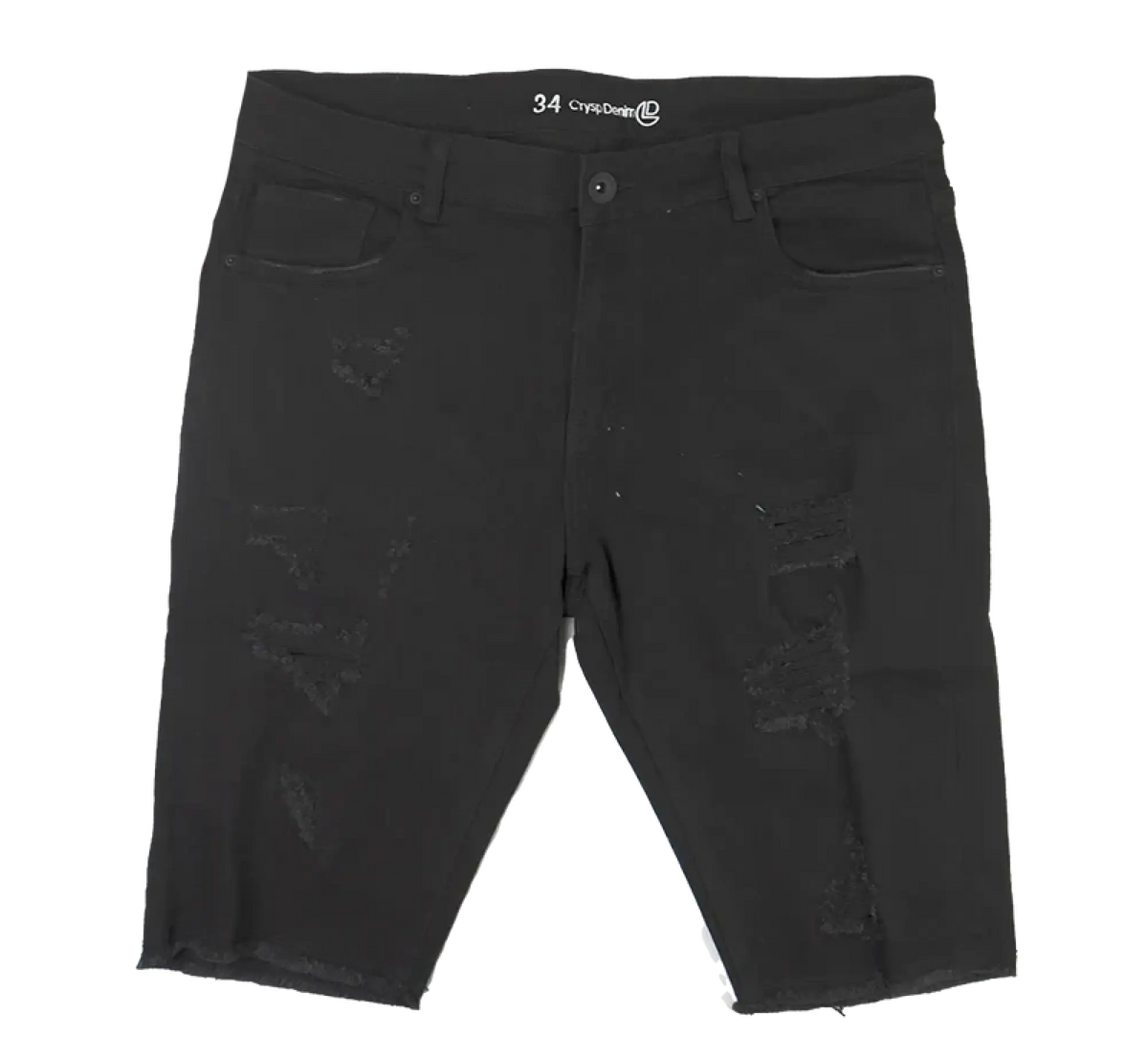 Black distressed denim cut off shorts with 34 waistband and crysdenn branding from CRYSP denim collection