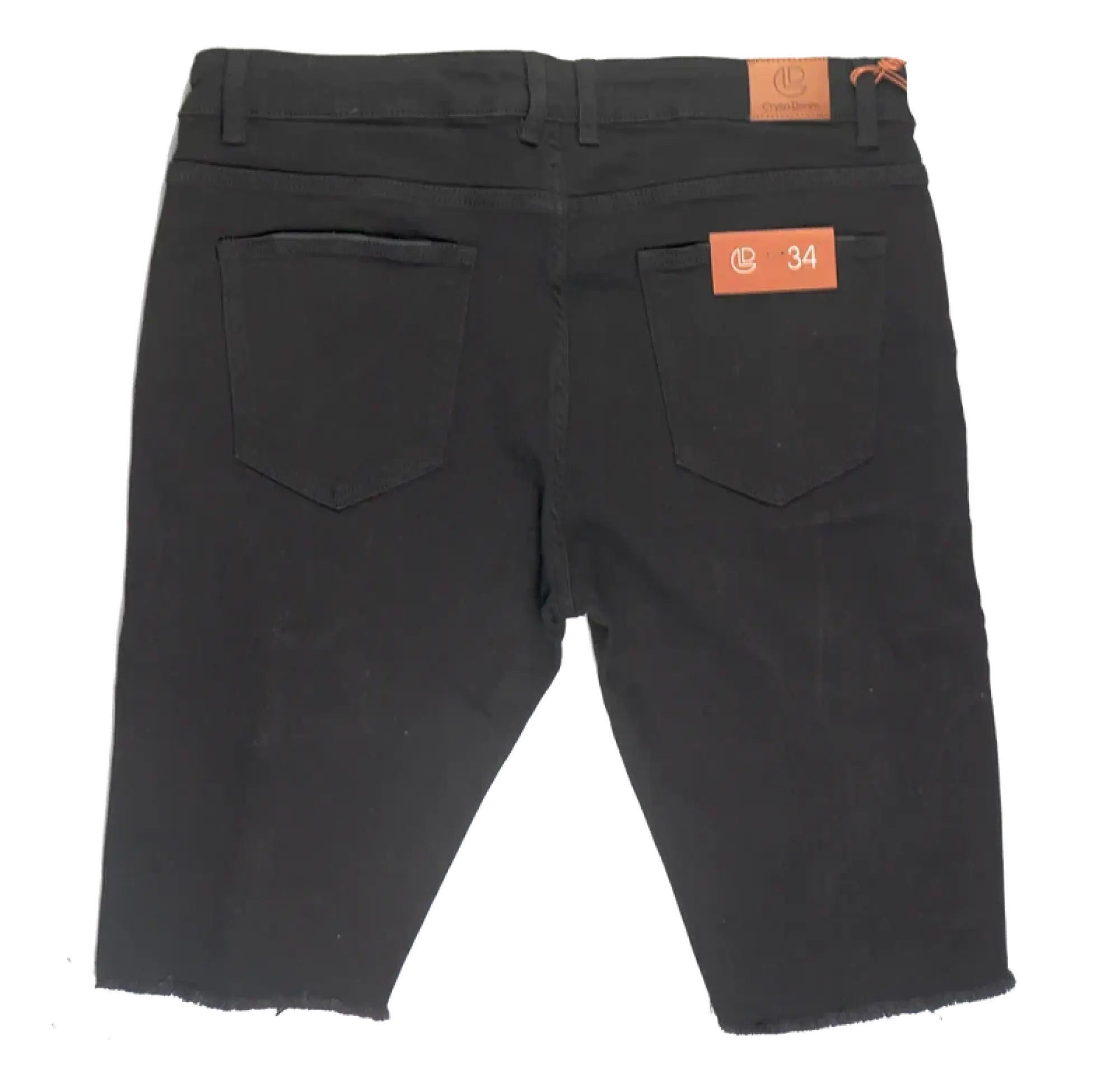 Black denim cut off short by crysp denim with slim fit back side showing two pockets and orange brand tags