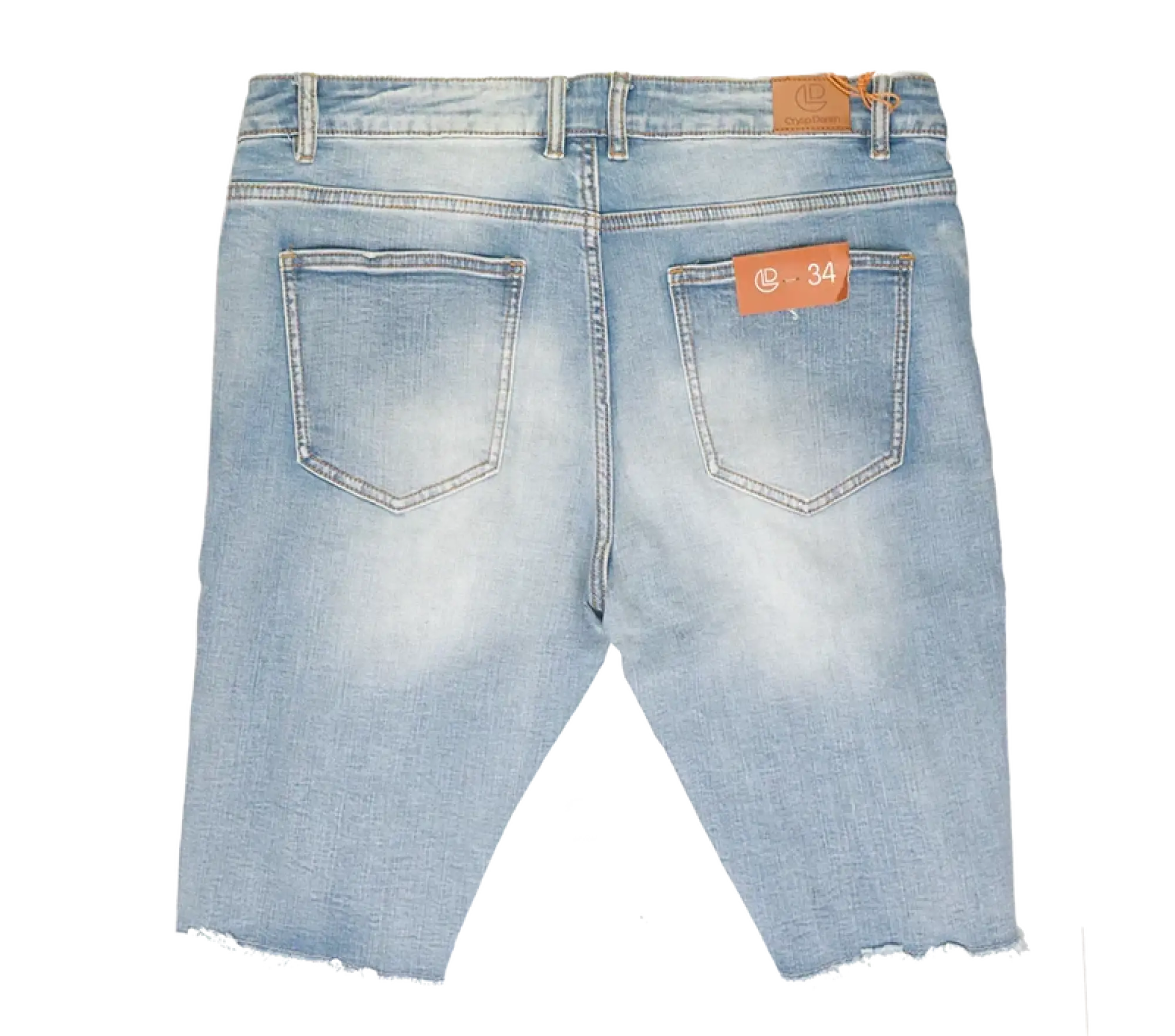 Light-wash denim cut off shorts with frayed hem and orange CRYSP denim brand tags for casual wear