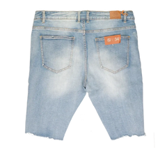 Light-wash denim cut off shorts with frayed hem and orange CRYSP denim brand tags for casual wear