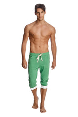 Cuffed yoga pants in bamboo green with white drawstring and cuffs made from soft bamboo fabric