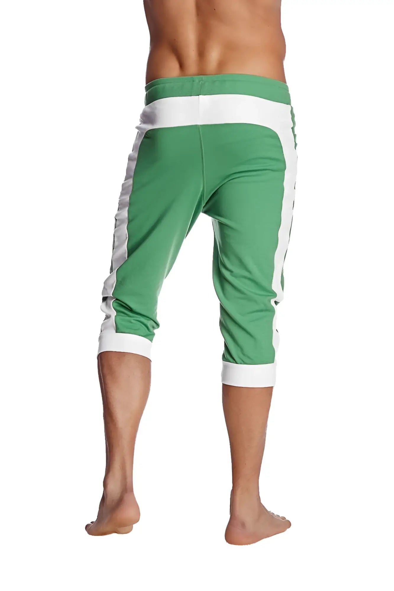 Cuffed yoga pants in bamboo green with white side stripes made from soft fabric ideal for athletic wear