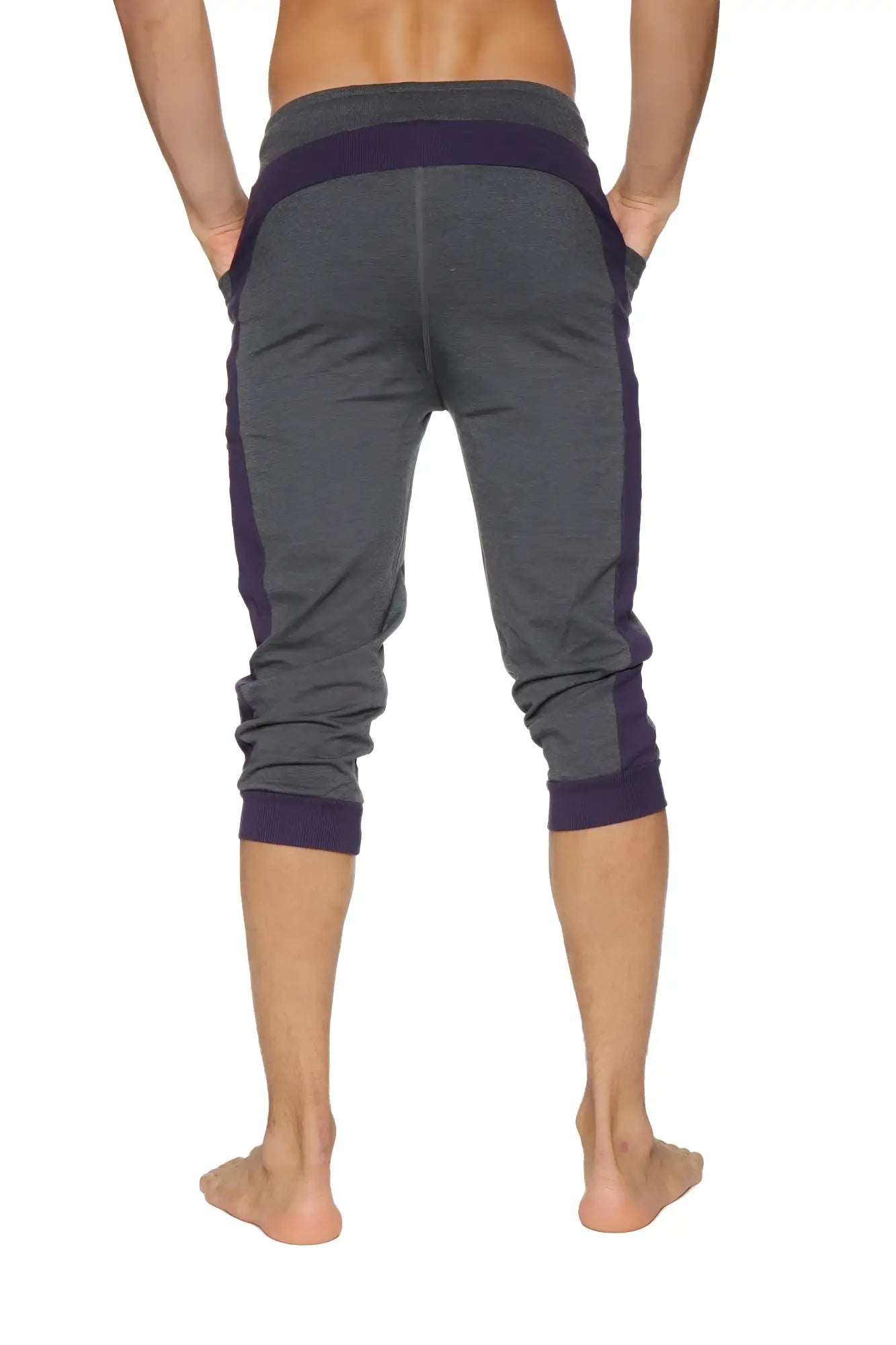 Cuffed yoga pants charcoal with eggplant in dark gray and navy blue with ribbed cuffs and waistband in capri length