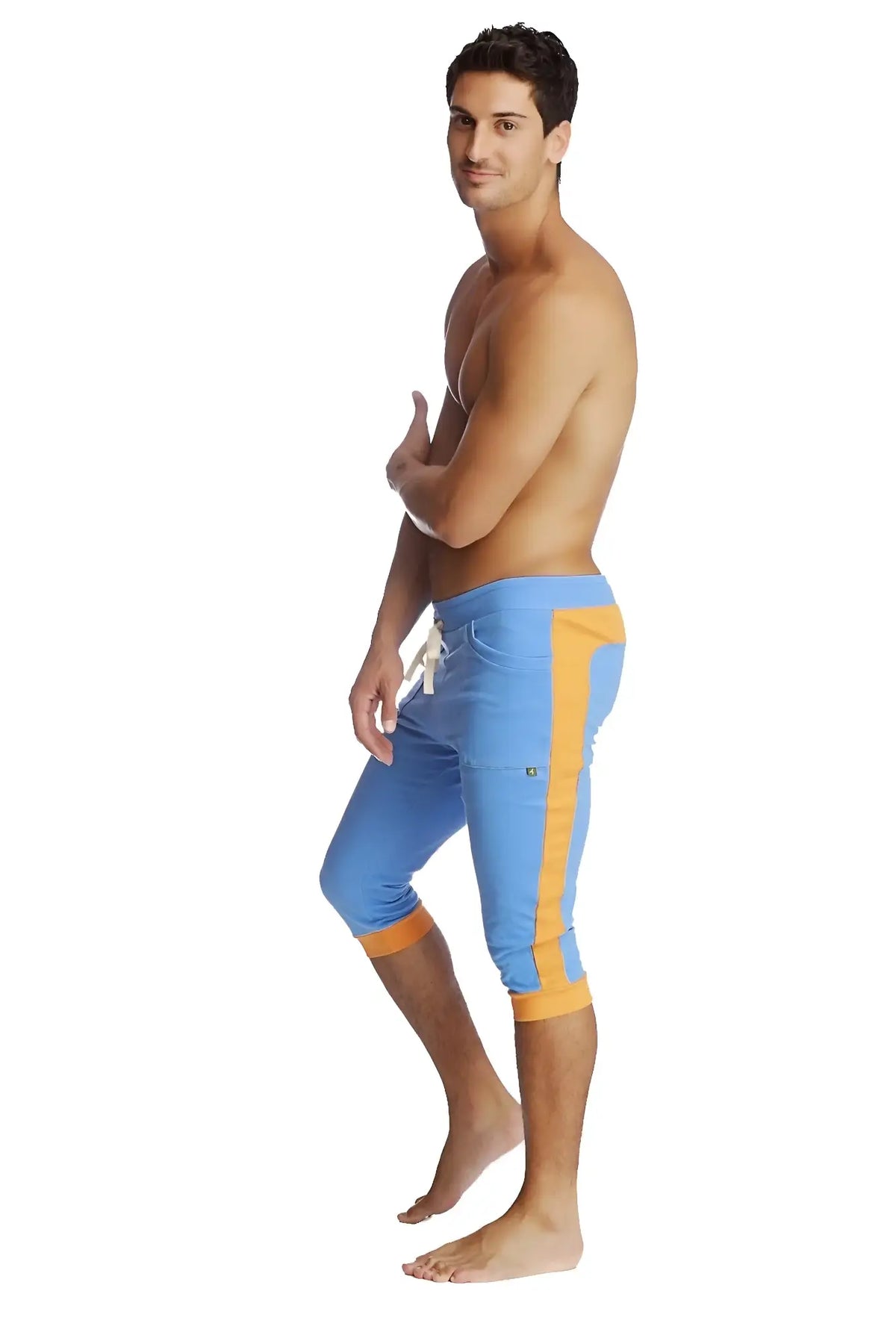 Cuffed yoga pants in ice blue with orange featuring a drawstring waistband and athletic fit for active wear
