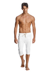 White capri-length cuffed yoga pants with drawstring waistband comfortable for casual and active wear