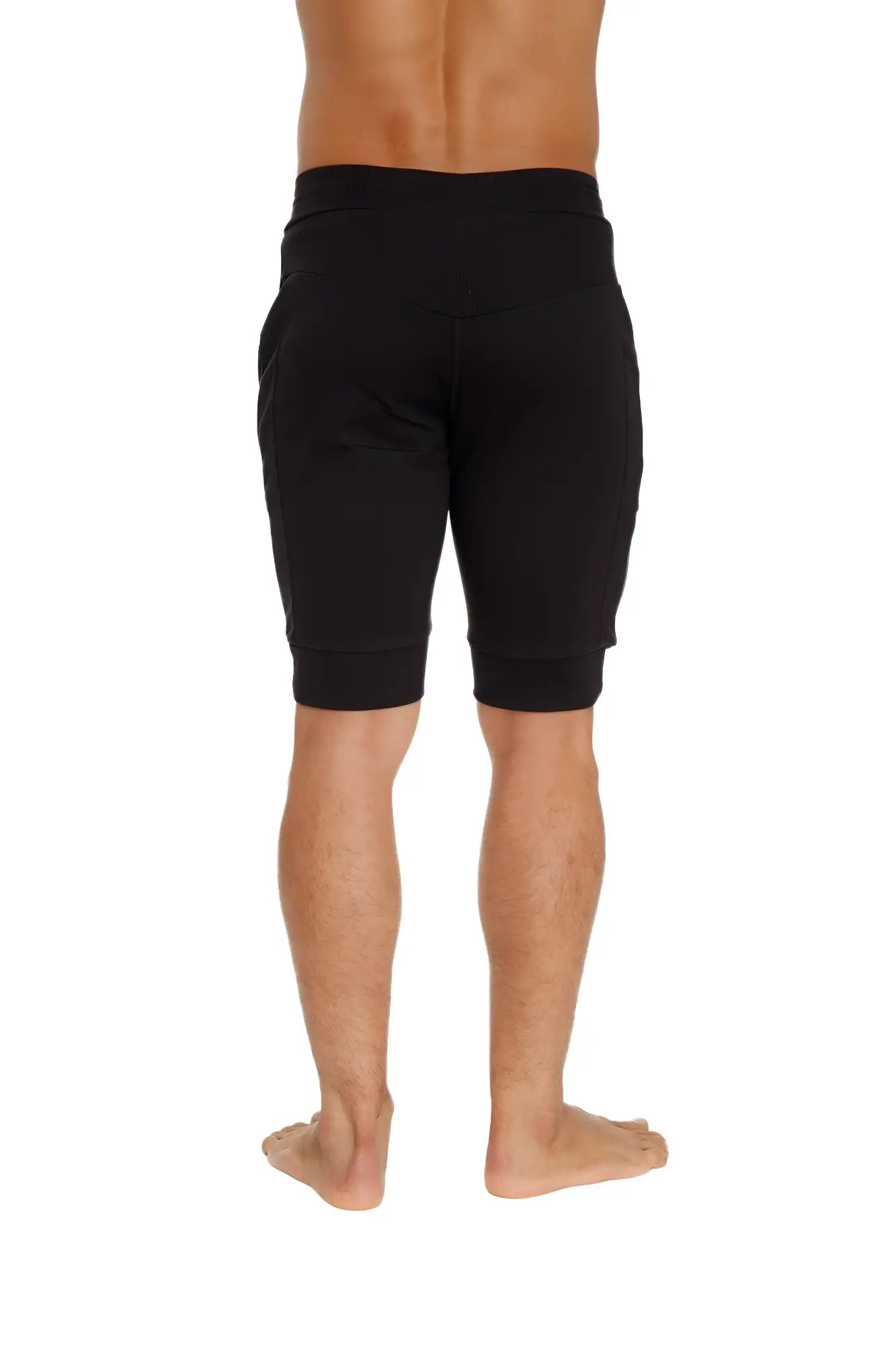 Black cuffed yoga shorts with comfortable elastic waistband and ribbed cuffs for a snug fit