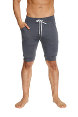 Cuffed yoga short in charcoal gray with white drawstring and side pockets designed for athletic use