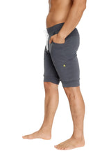 Cuffed yoga short charcoal heathered jogger shorts with white drawstring and small green logo on the thigh
