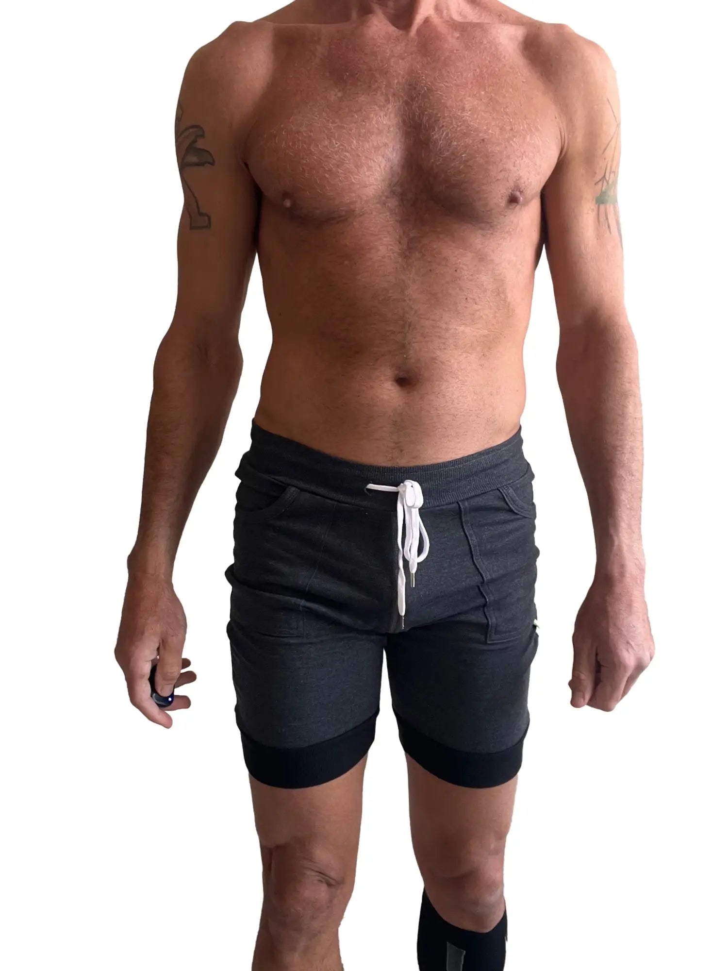 Dark gray cuffed yoga shorts with white drawstring and black trim at hem ideal for athletic and casual wear