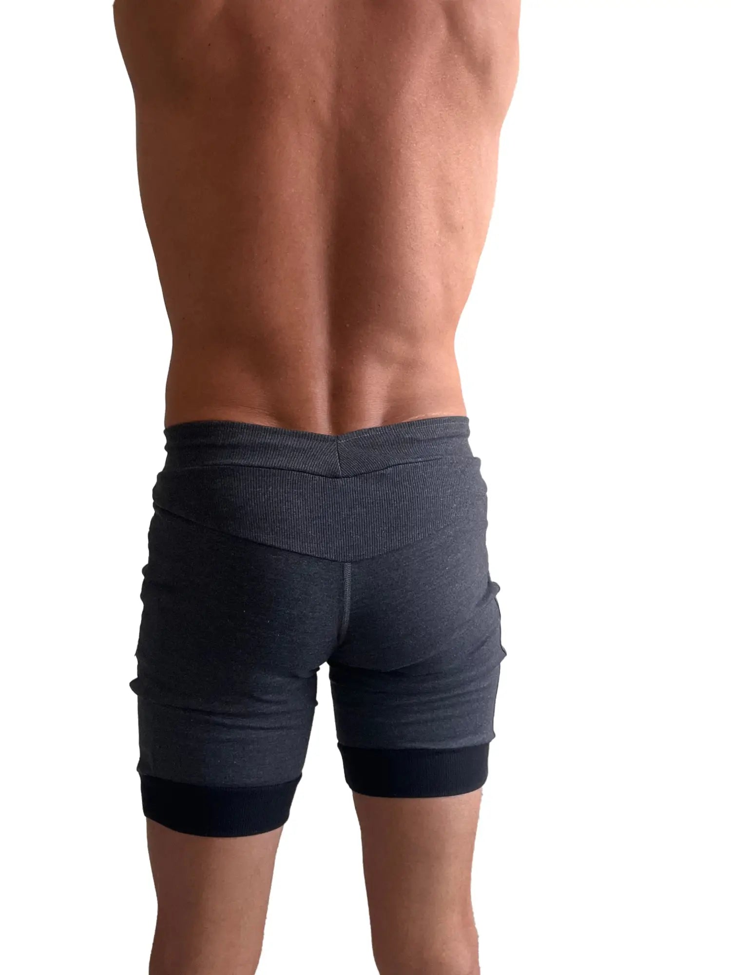 Charcoal cuffed yoga shorts with ribbed texture and contrasting black waistband and hem