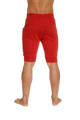 Red high-waisted athletic shorts with elastic band and ribbed cuffs perfect for yoga and workouts