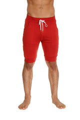 Red cuffed yoga shorts with white drawstring and side pockets designed for athletic wear
