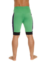 Cuffed yoga short in green with purple side panels and black trim featuring comfortable athletic fabric