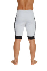 Cuffed yoga shorts in light gray with dark gray side panels and black elastic cuffs perfect for athletic wear