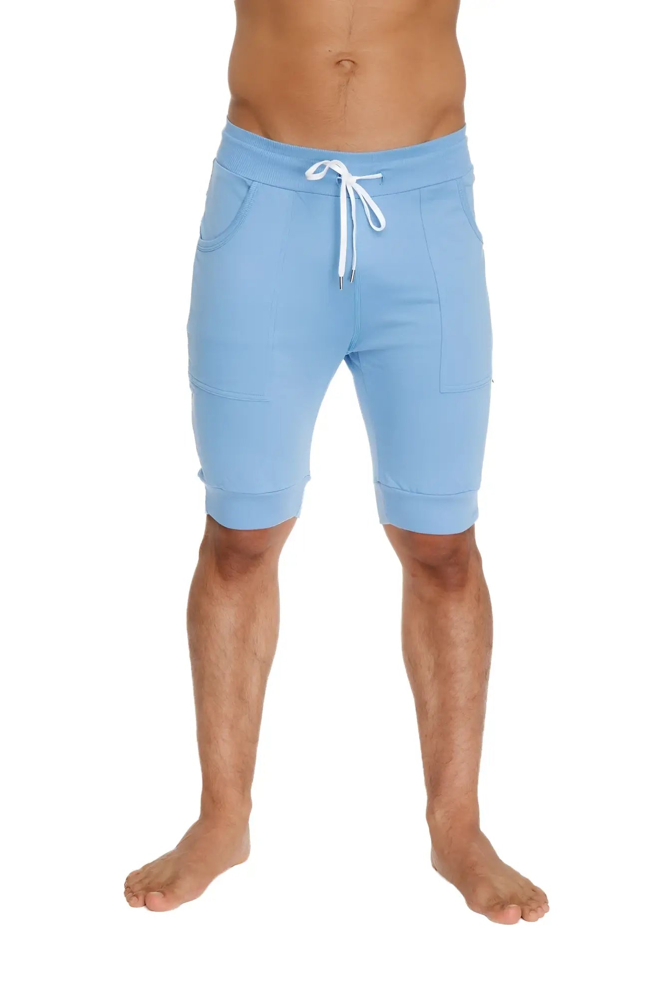 Cuffed yoga short in ice blue made of soft fabric with white drawstring and side pockets for comfortable wear
