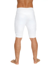 White cuffed yoga shorts with snug fit and side pockets made from lightweight breathable fabric