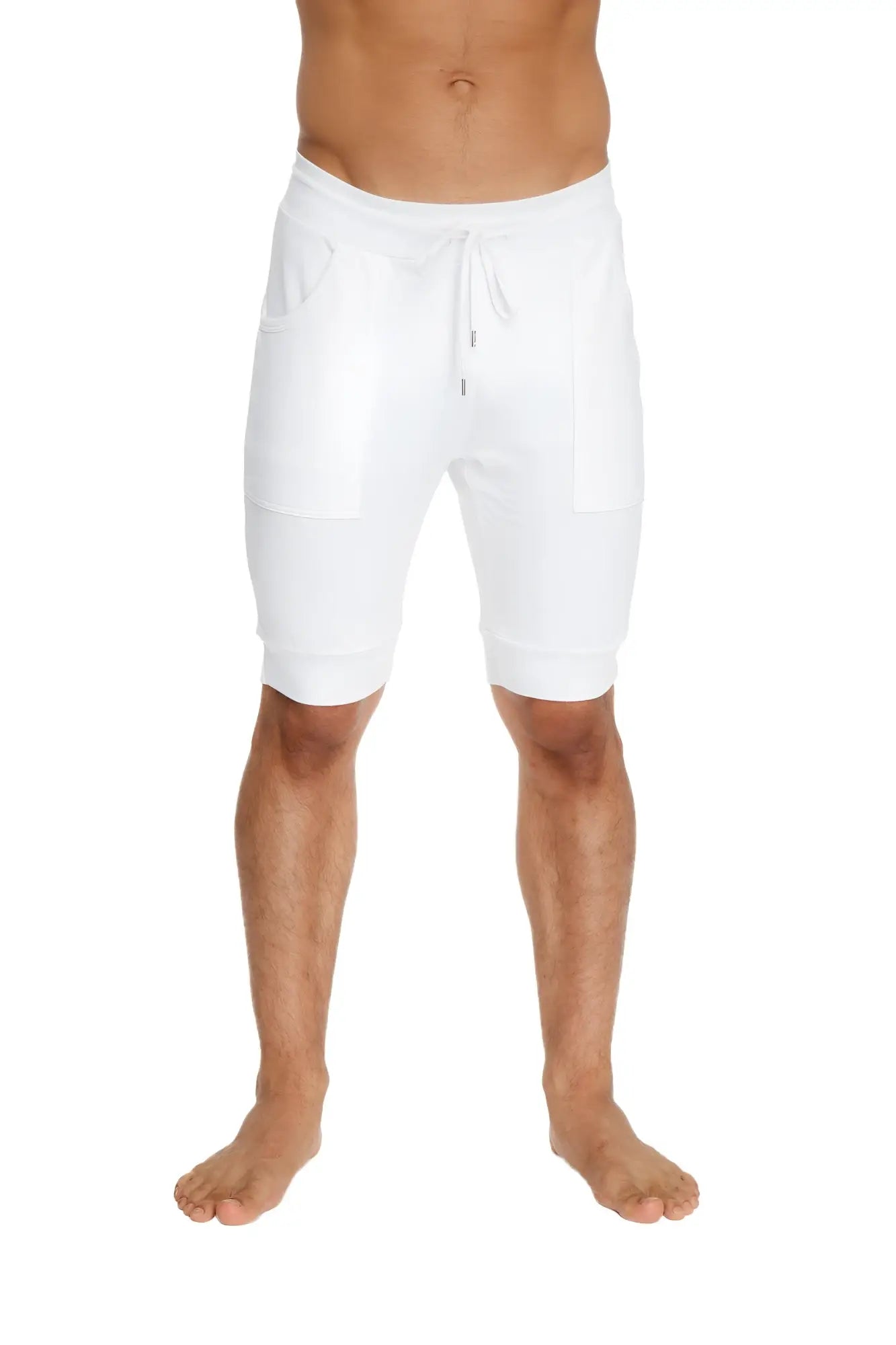 White cotton cuffed yoga shorts with drawstring waistband and side pockets for comfortable casual wear