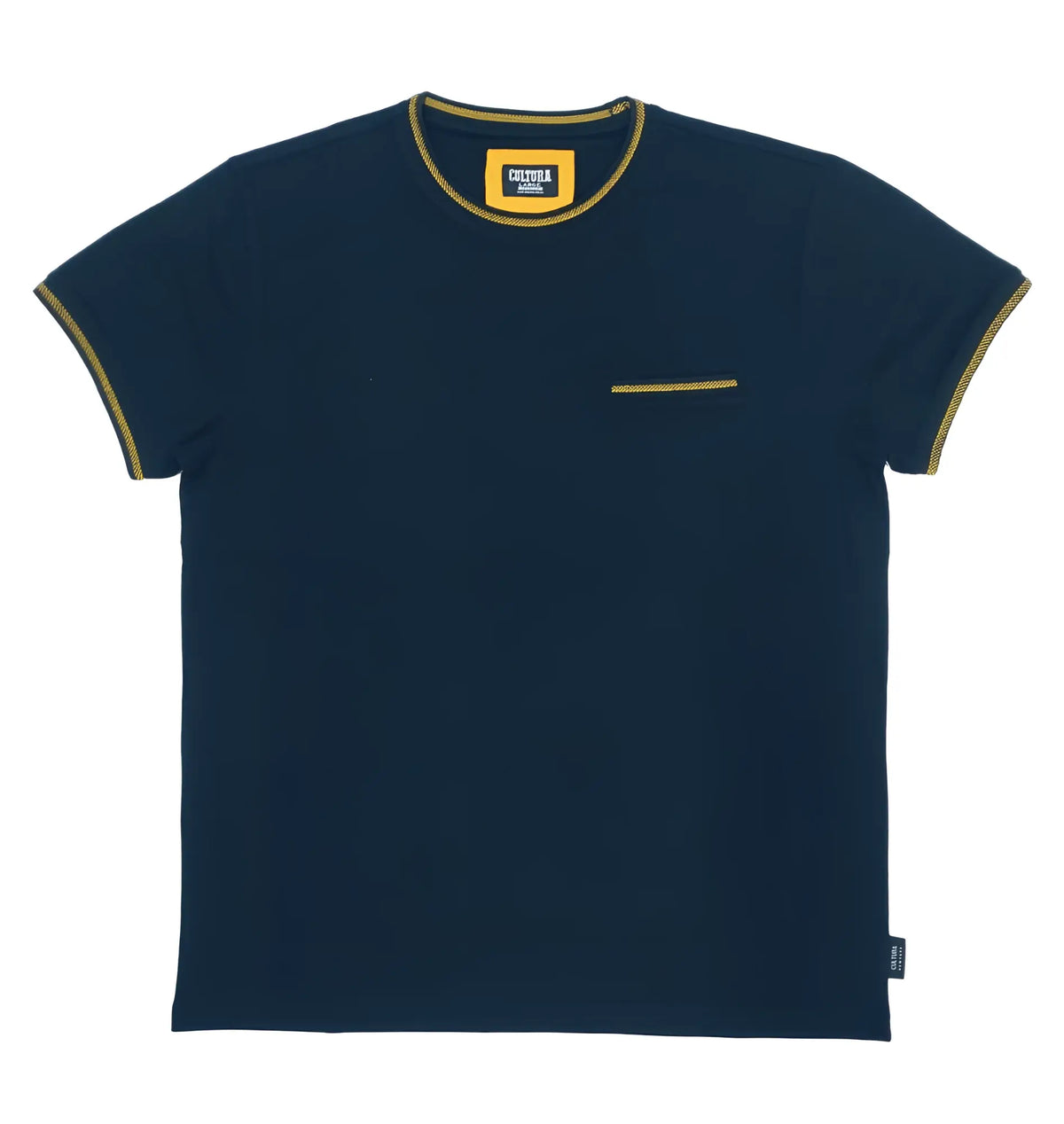Navy blue cultura t-shirt with yellow trim on collar sleeve cuffs and chest pocket in short sleeves cotton blend