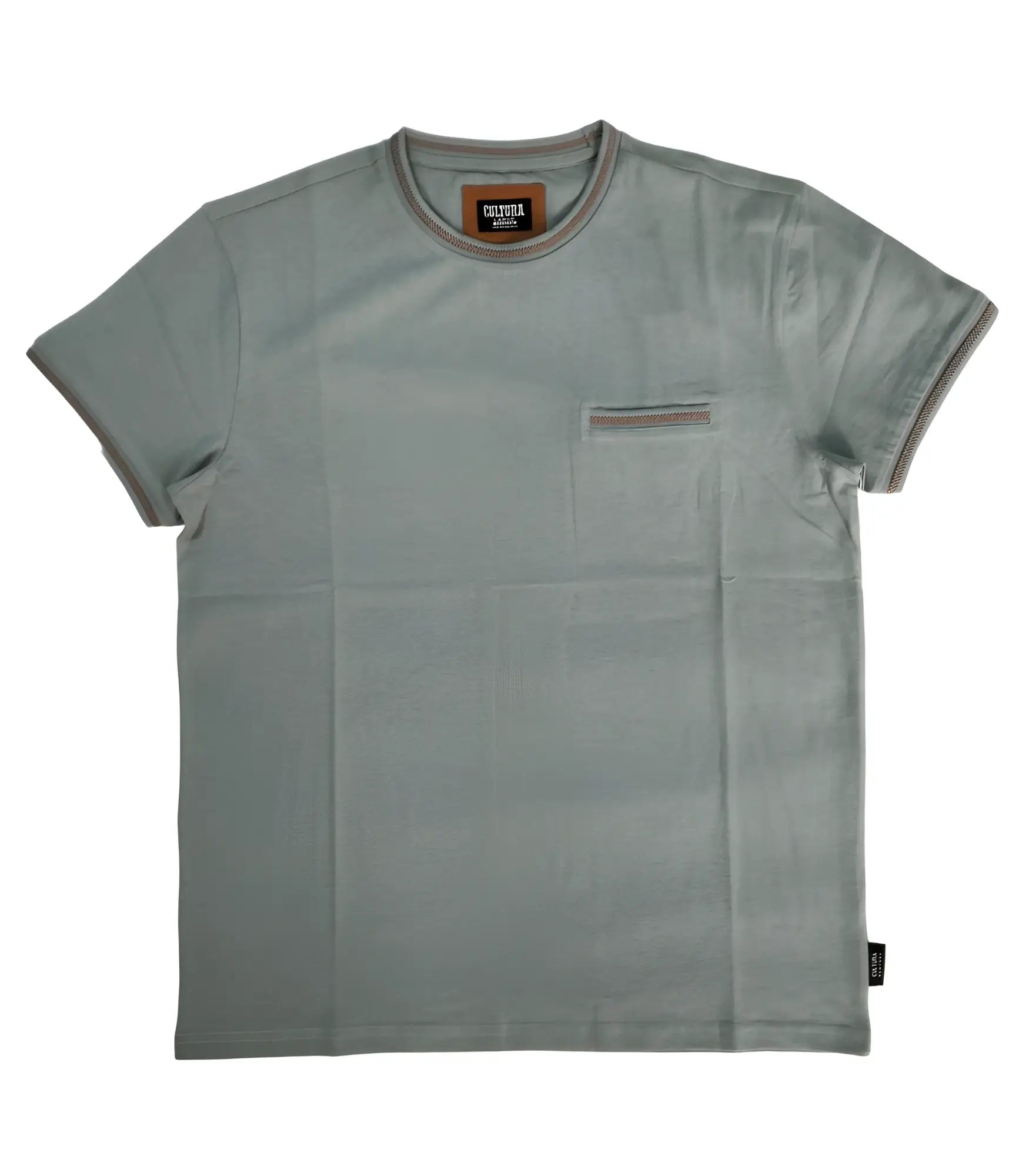 Soft sage green cotton cultura t-shirt with ribbed trim and a single chest pocket with matching stitching