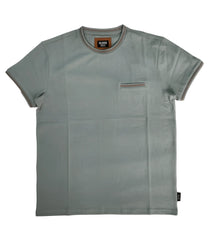 Soft sage green cotton cultura t-shirt with ribbed trim and a single chest pocket with matching stitching