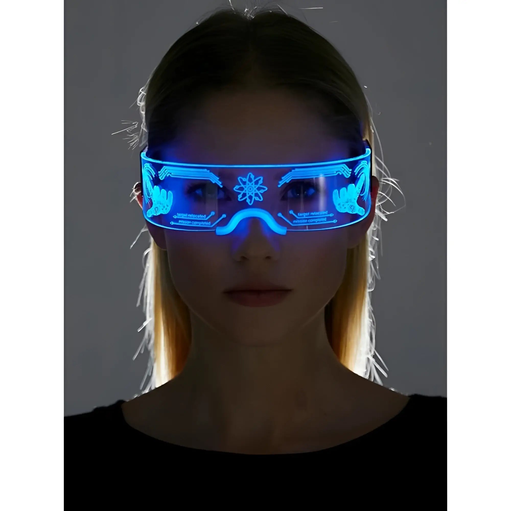 Blue led visor cyberpunk light up glasses with glowing futuristic design and intricate patterns for cosplay and events