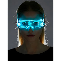 Cyberpunk light up glasses featuring a glowing blue led visor with intricate white patterns and illuminated edges