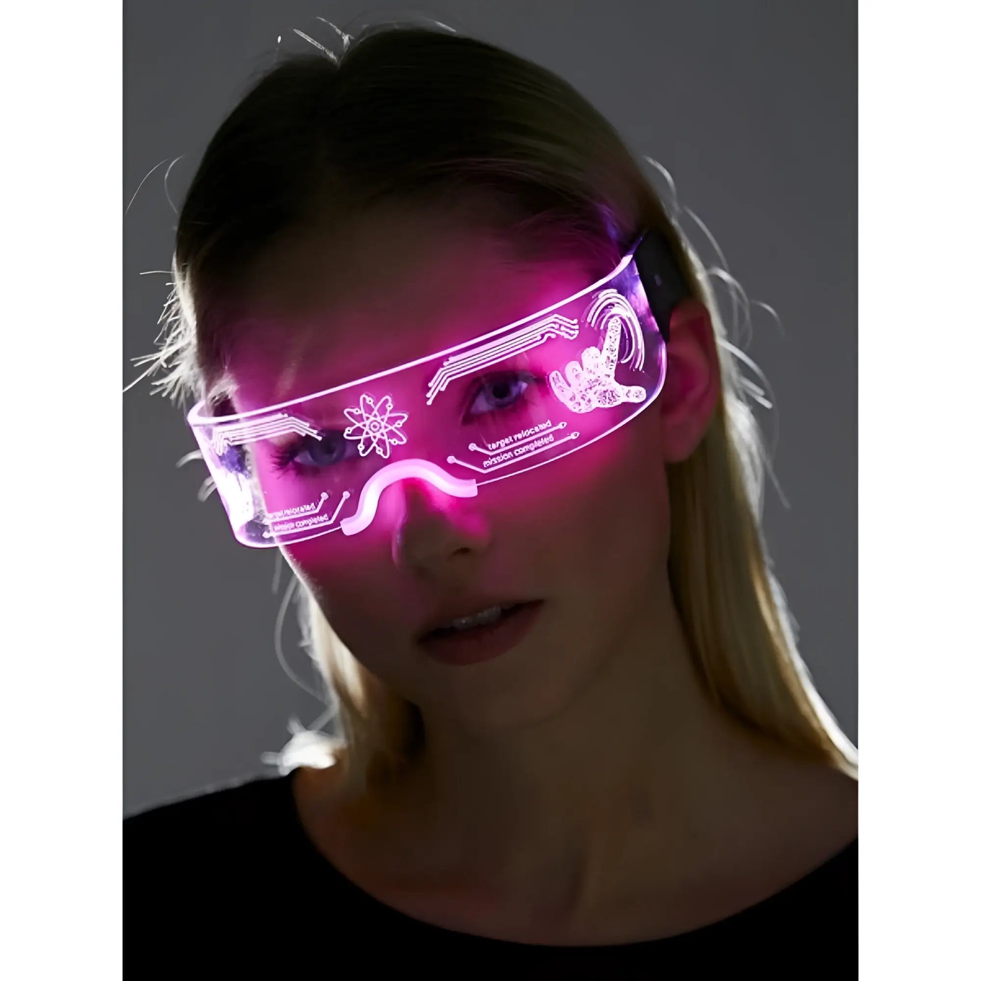 Cyberpunk light up glasses with pink led-lit futuristic goggles white circuit patterns and sleek transparent frame