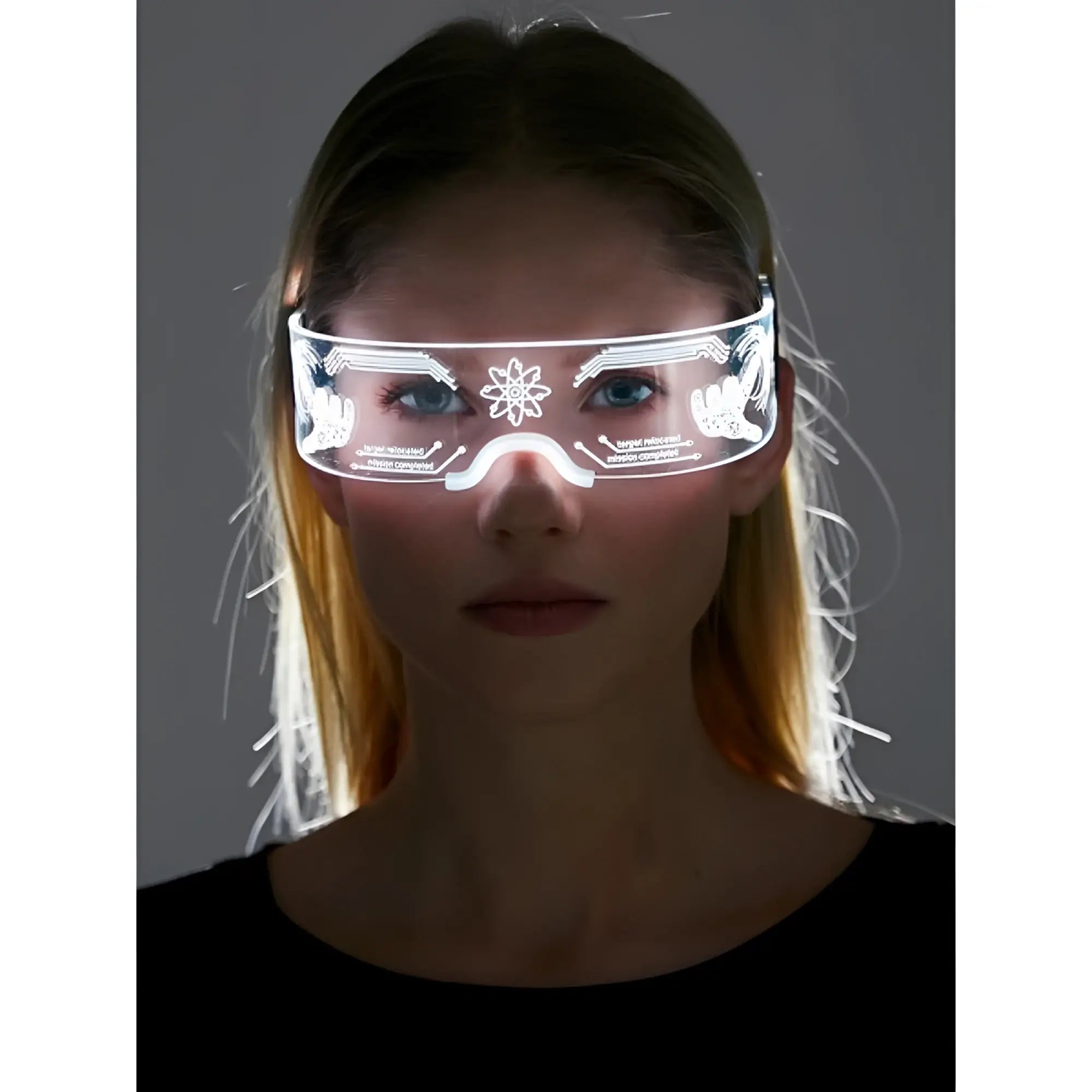 A sleek transparent cyberpunk light up glasses with glowing white led patterns and a central starburst design