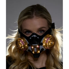 Black cyberpunk light up mask with gold-colored filters and pink accents designed for futuristic style and protection