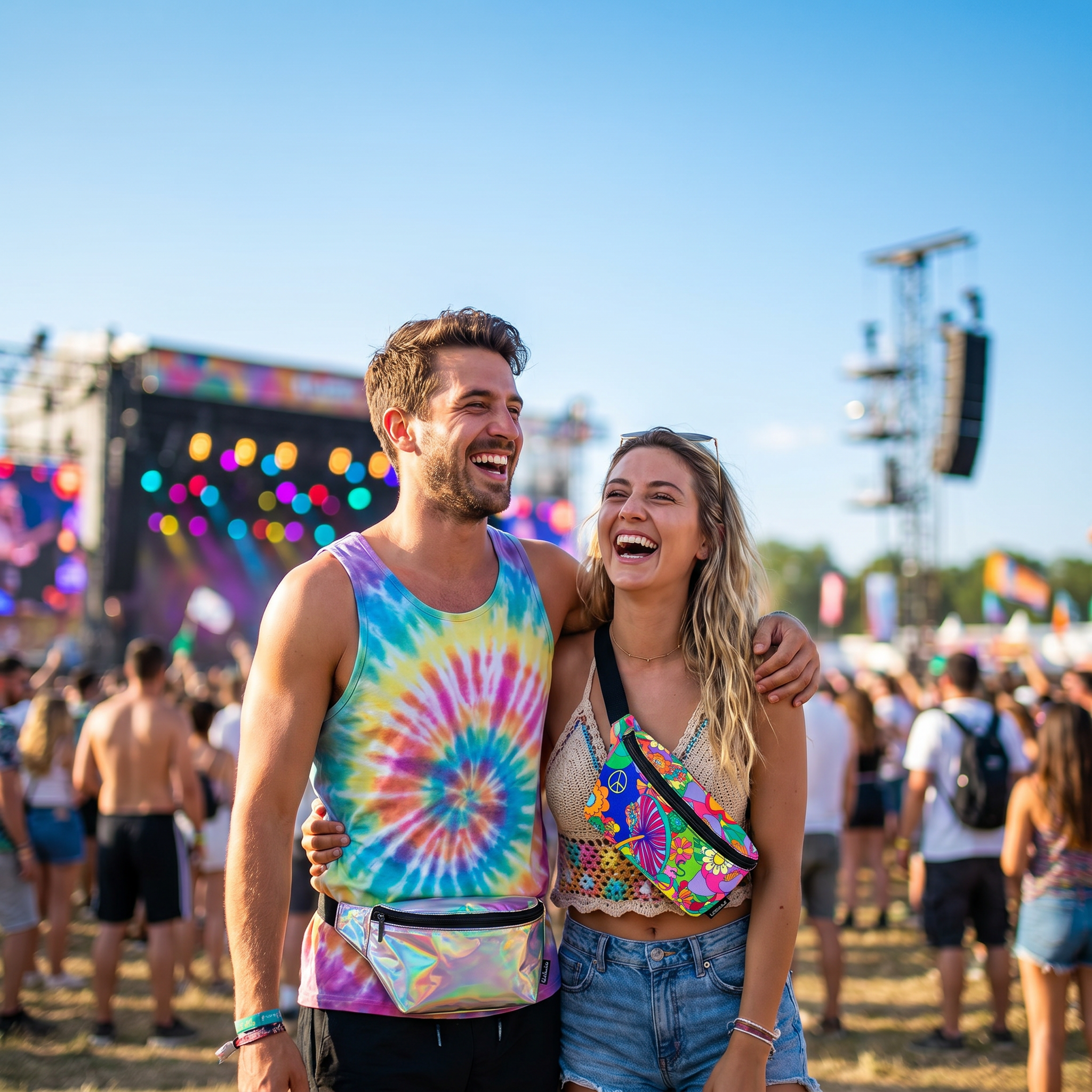 Man and woman at an outdoor music festival wearing bold colorful FYDELITY fanny packs, smiling together