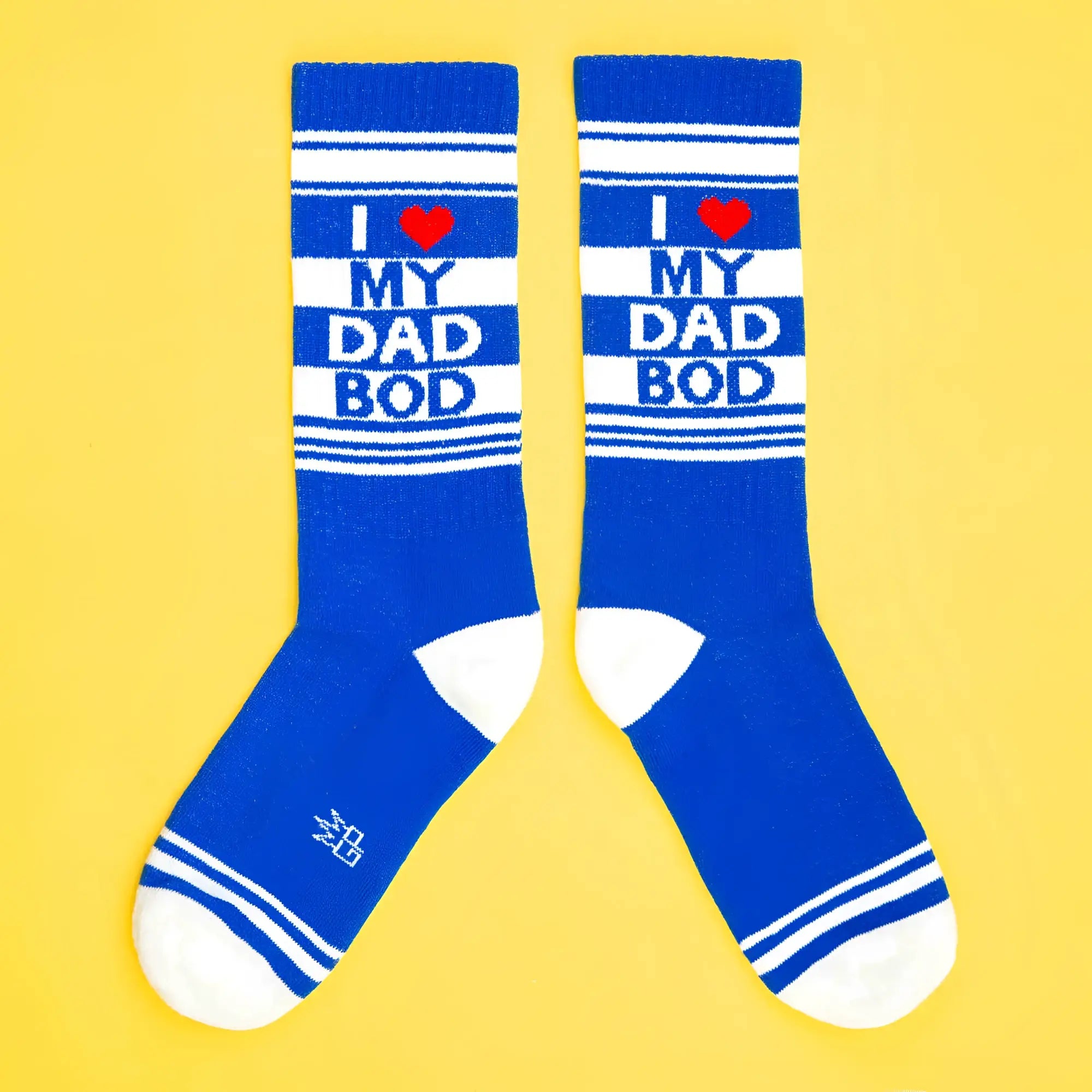 Blue and white striped crew socks with i heart my dad bod in bold blue letters and a red heart symbol
