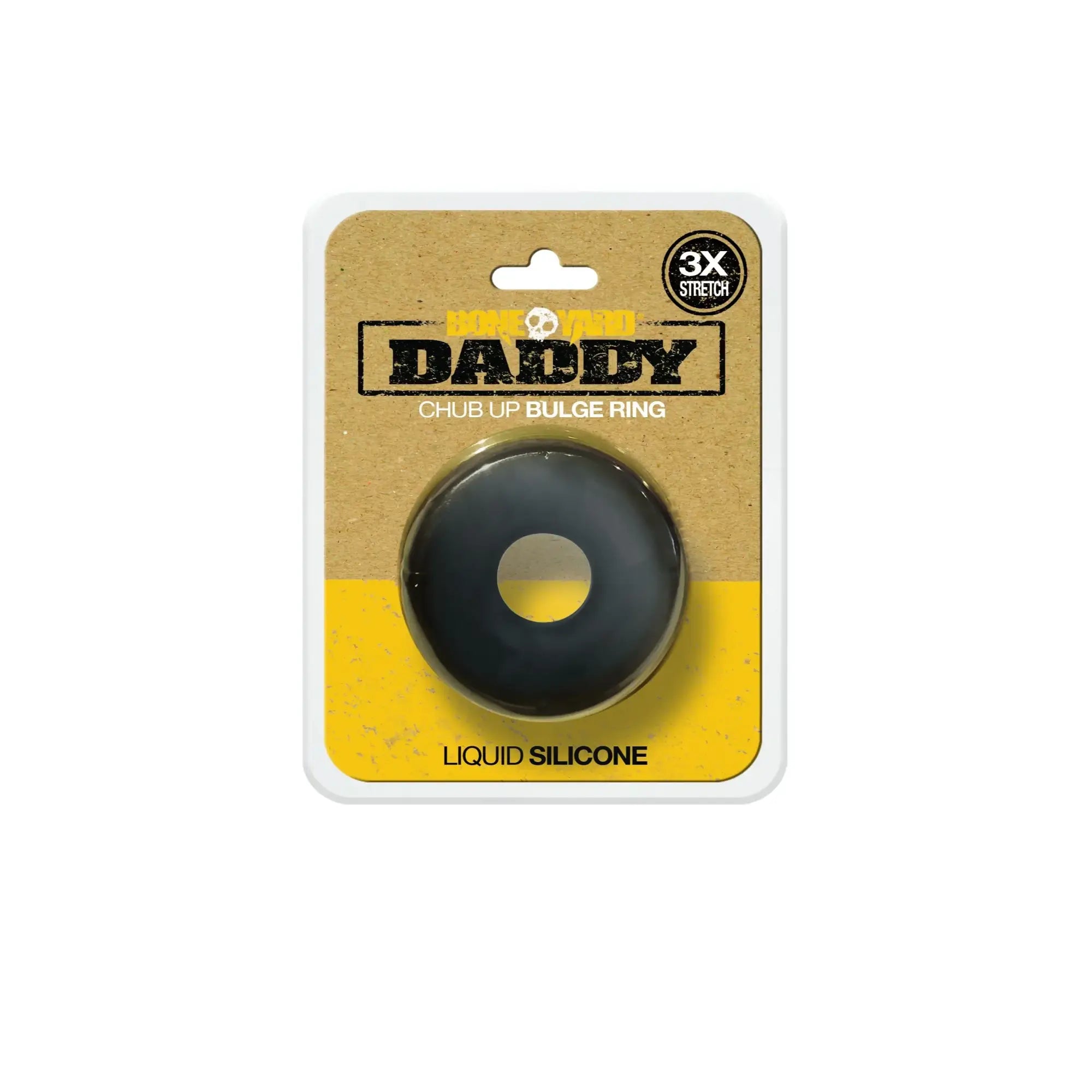 Black liquid silicone chub up bulge ring in cardboard and yellow packaging from daddy black product line