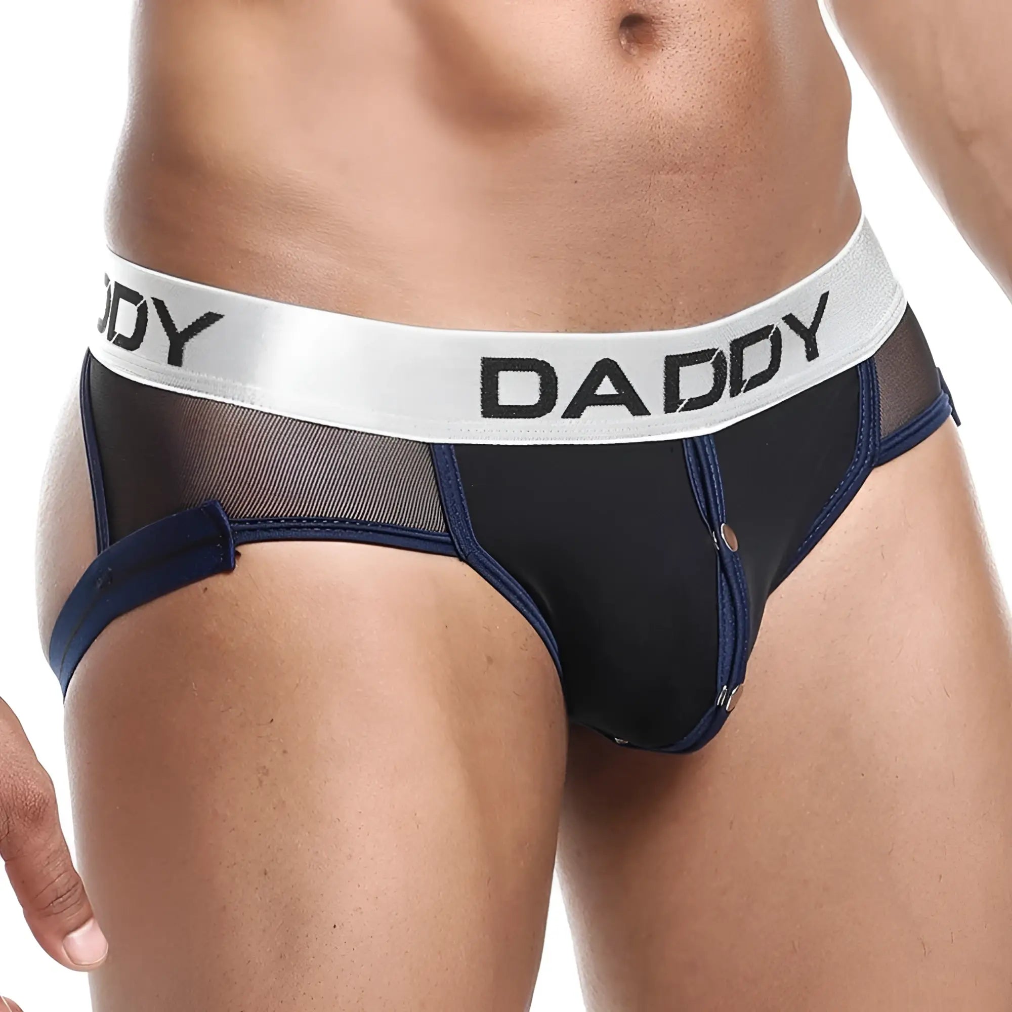 Black and navy blue daddy dde027 jockstrap briefs with silver waistband and bold black lettering front view