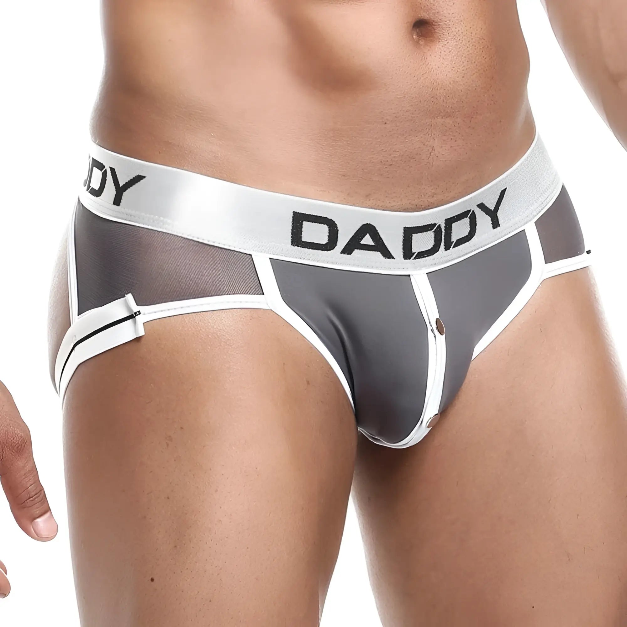 Gray and white mesh briefs with a bold daddy logo waistband from daddy dde027 jockstrap collection