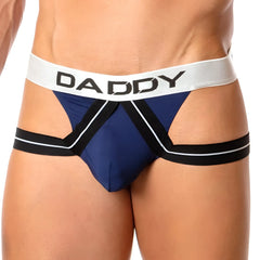 Blue daddy brand briefs with black and white trim shown from the back in the daddy dde030 jockstrap style