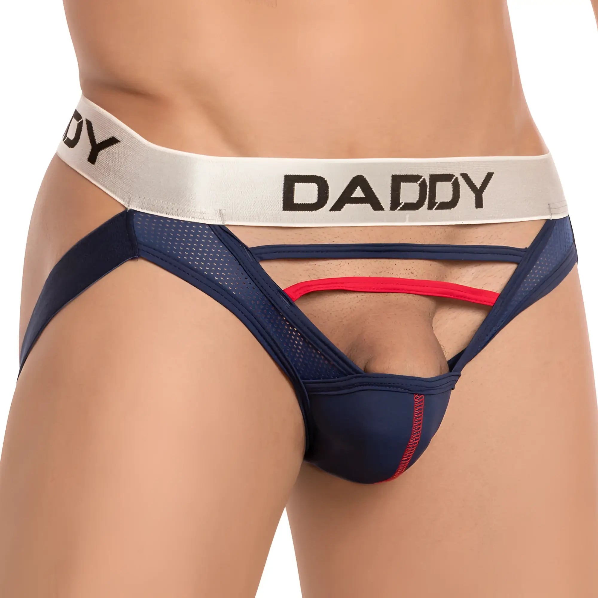 Navy blue and red mesh Daddy brand briefs with white waistband in Daddy DDE038 jockstrap product image