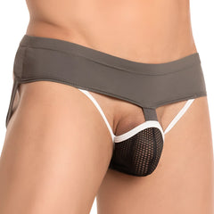 Gray and black mesh daddy dde039 jockstrap briefs with white trim showing front side design