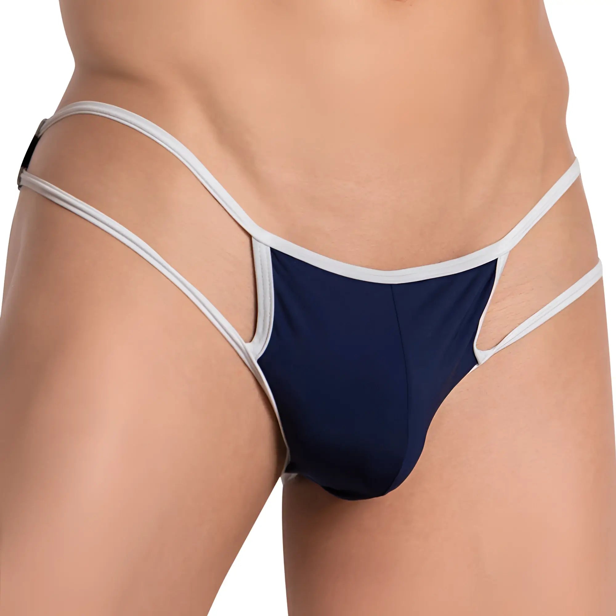 Navy blue and white Daddy DDE056 jockstrap thong with thin adjustable straps shown from back side