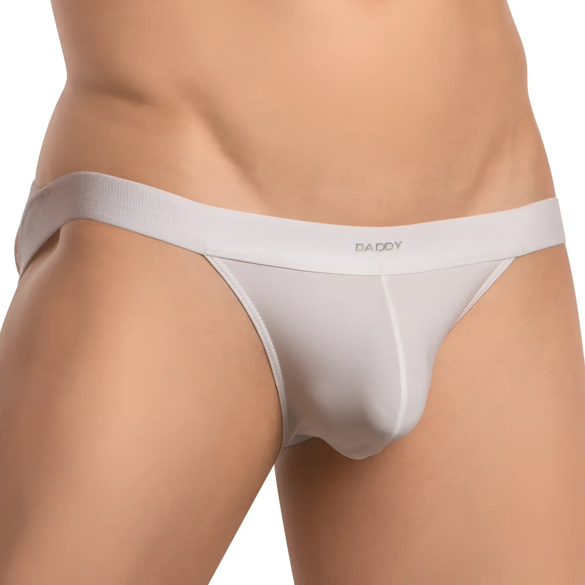 White daddy brand thong jockstrap made of sheer stretchy fabric with a supportive waistband front view