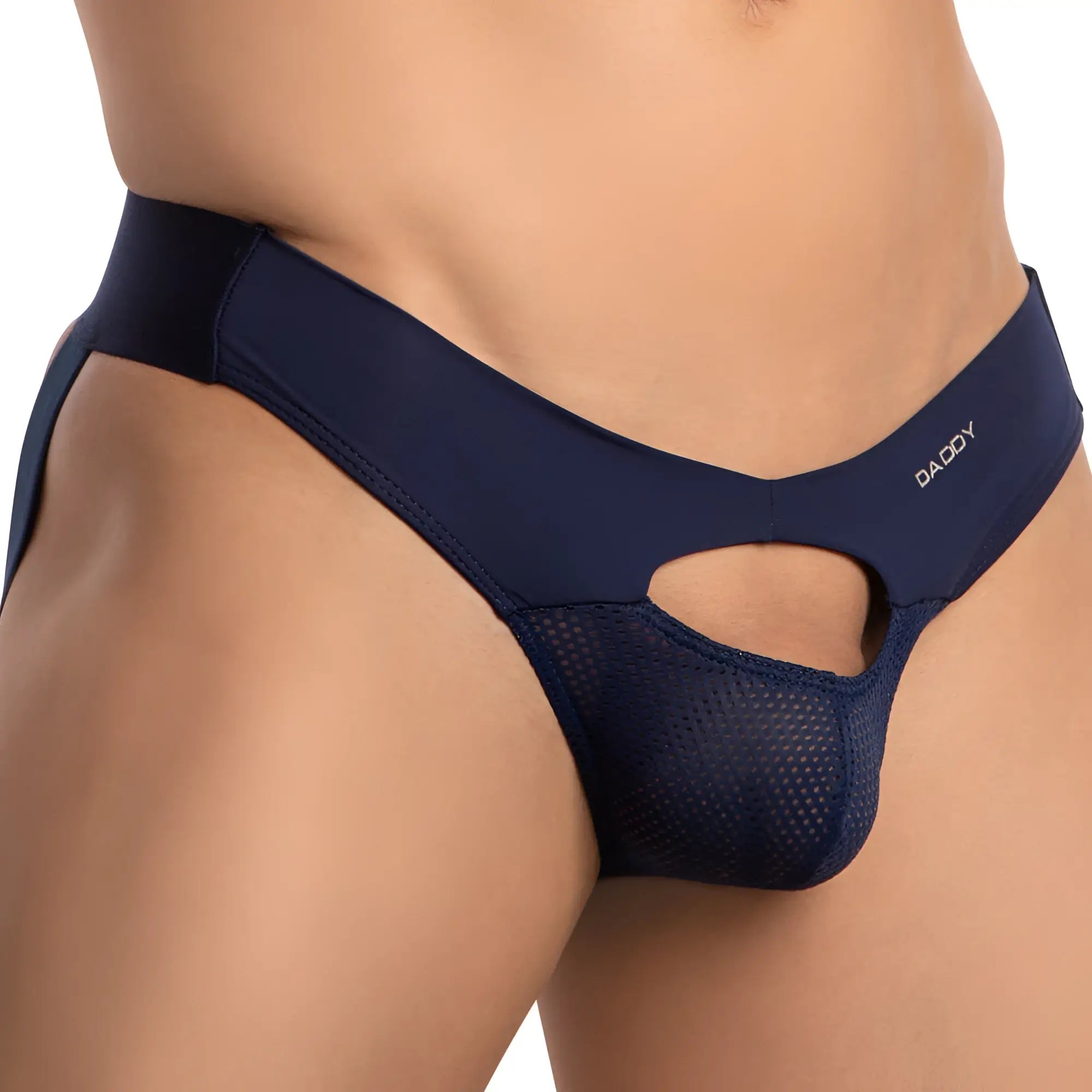 Navy blue daddy brand briefs with mesh panel and cutout design in daddy dde058 jockstrap style shown from the back