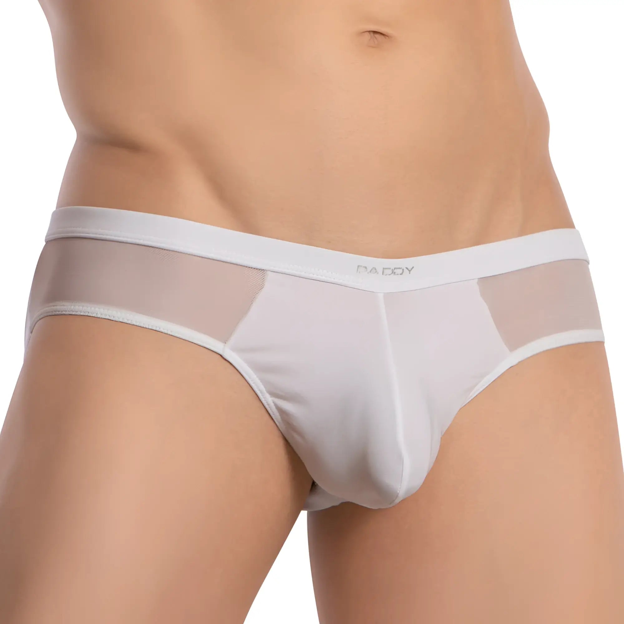 White mesh daddy dde060 jockstrap briefs with solid white waistband featuring paco y brand logo