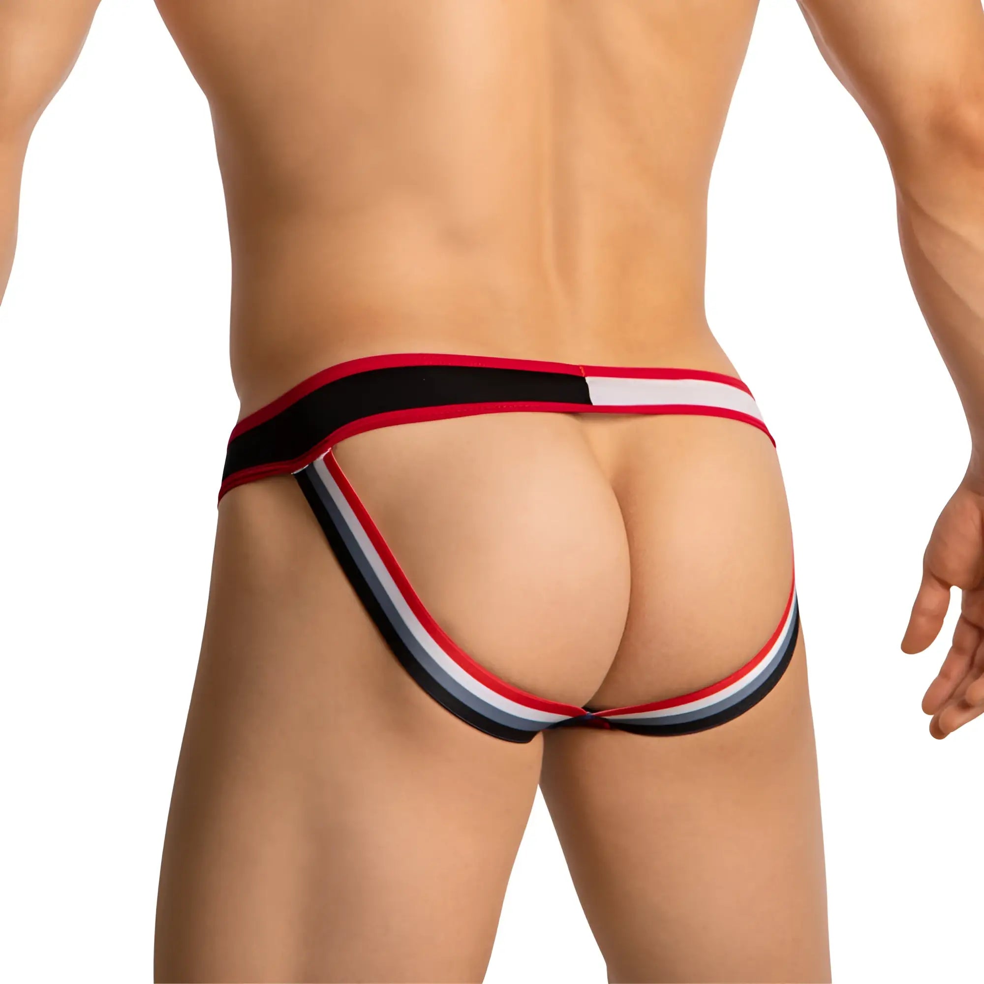 Daddy DDE061 jockstrap in red black and white striped athletic briefs with a sleek form-fitting design