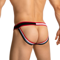 Daddy DDE061 jockstrap in red black and white striped athletic briefs with a sleek form-fitting design