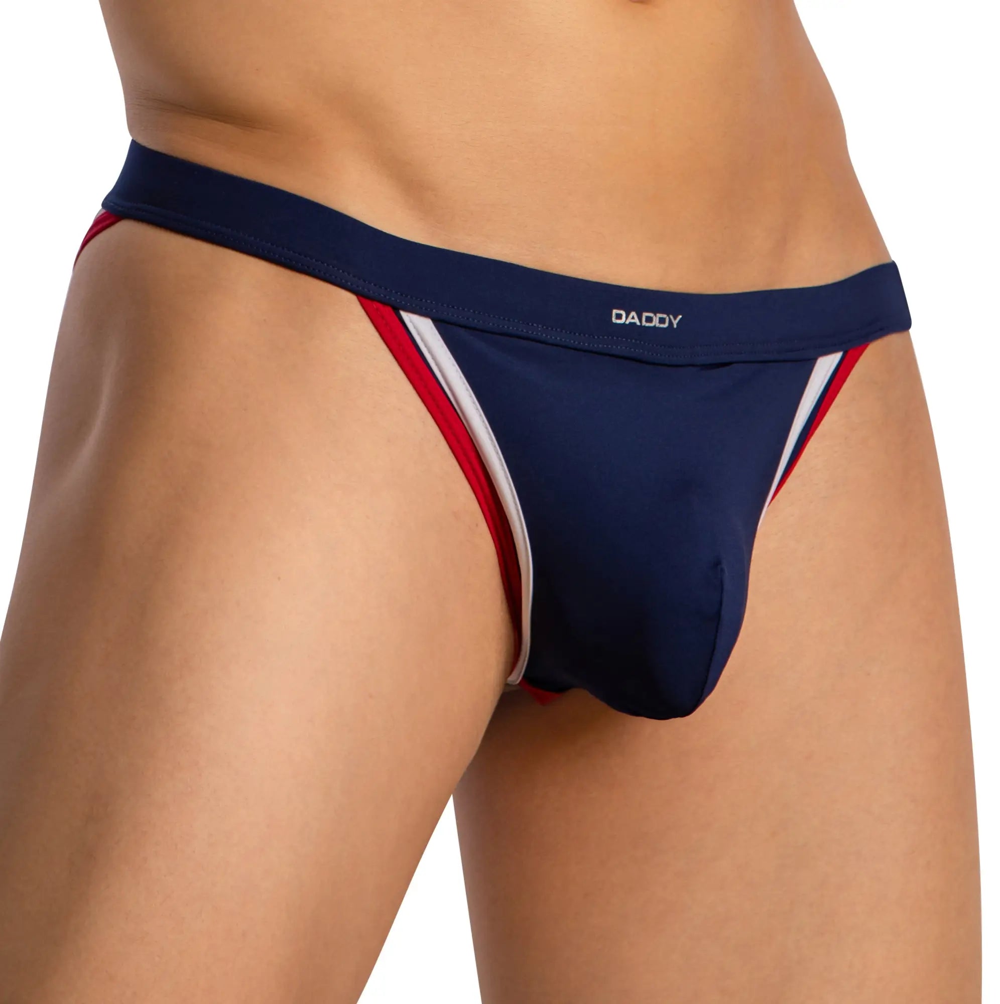 Navy blue daddy dde062 jockstrap thong with red and white trim showing front view